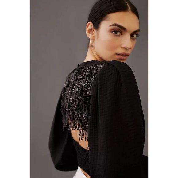 ❤️ NWT! Anthropologie x Current Air Black Sequin Cutout Back Blouse - Picture 8 of 8